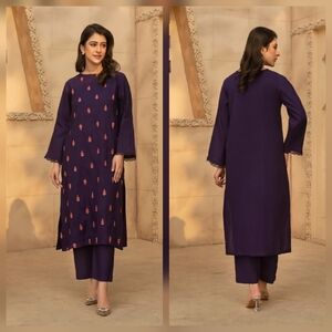 Plum Kurta Set with Pink Embroidery